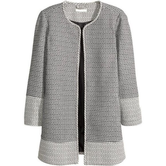 Size 6 Black & White Patterned‎ Open Front Long Jacket w/Pockets Blazer Tweed - Picture 4 of 9